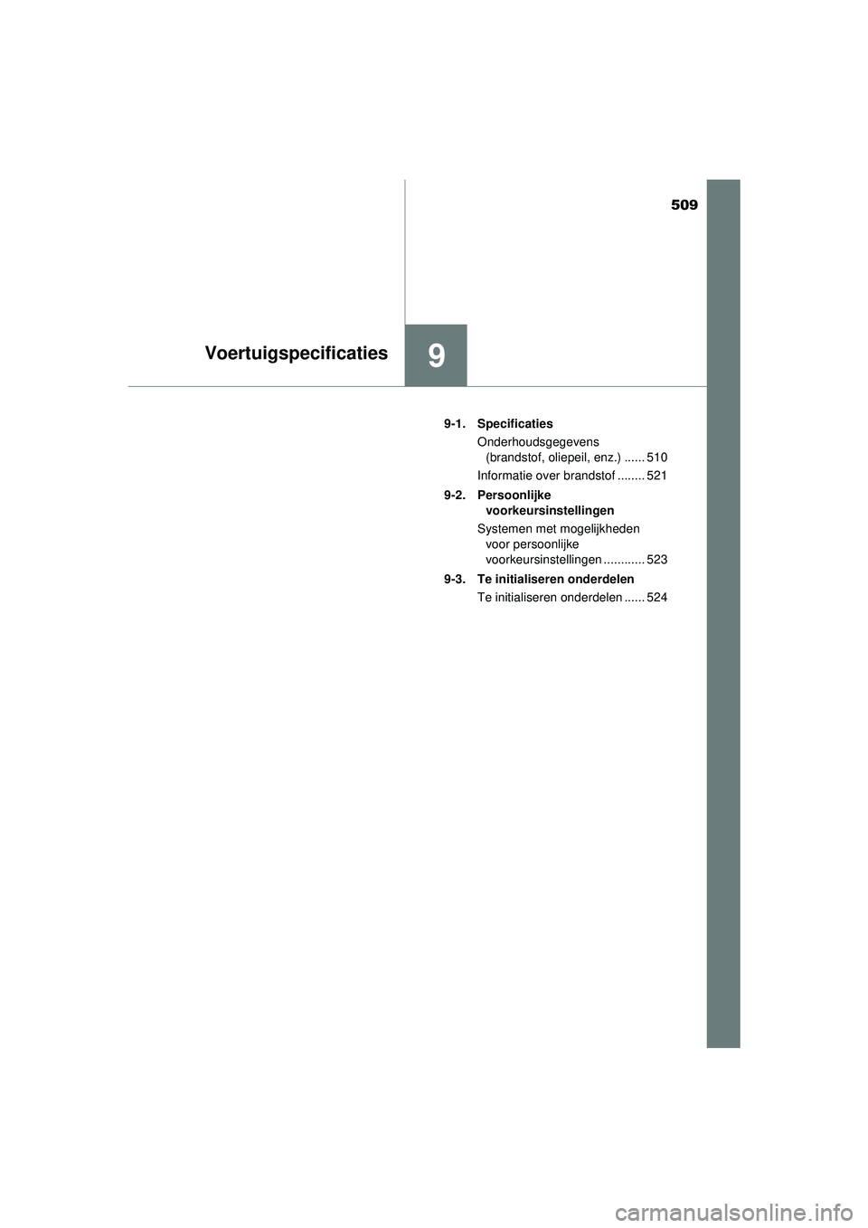 TOYOTA AYGO 2021  Instructieboekje (in Dutch) 509
9Voertuigspecificaties
AYGO_OM_Europe_OM9A012E9-1. Specificaties
Onderhoudsgegevens (brandstof, oliepeil, enz.) ...... 510
Informatie over brandstof ........ 521
9-2. Persoonlijke  voorkeursinstel