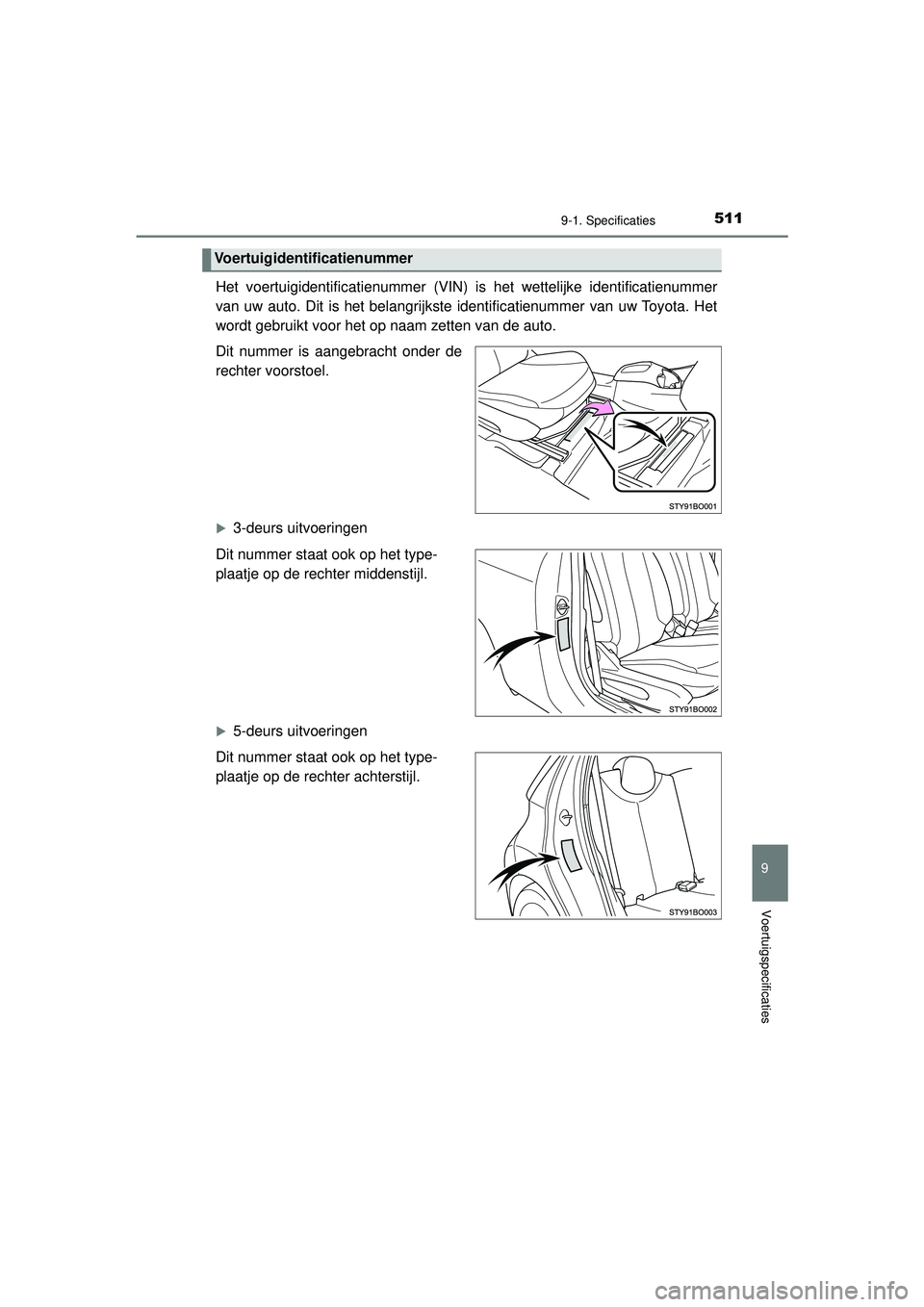 TOYOTA AYGO 2021  Instructieboekje (in Dutch) 5119-1. Specificaties
9
Voertuigspecificaties
AYGO_OM_Europe_OM9A012E
Het voertuigidentificatienummer (VIN) is het wettelijke identificatienummer
van uw auto. Dit is het belangrijkste identificatienum