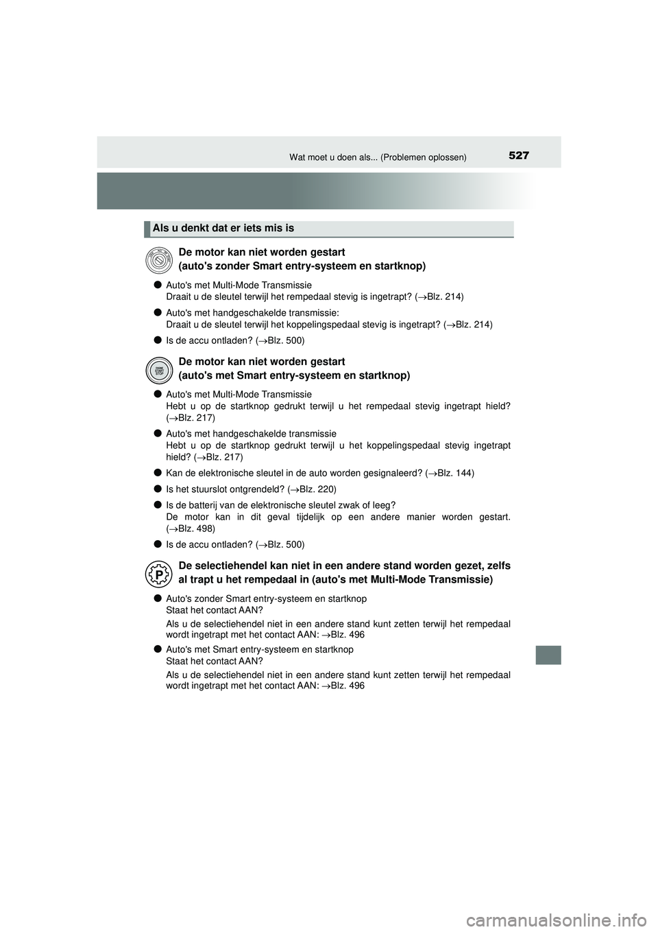 TOYOTA AYGO 2021 Instructieboekje (in Dutch) 527Wat moet u doen als... (Problemen oplossen)
AYGO_OM_Europe_OM9A012E
●Autos met Multi-Mode Transmissie
Draait u de sleutel terwijl het rempedaal stevig is ingetrapt? (Blz. 214)
●Autos met h TOYOTA AYGO 2021 Instructieboekje (in Dutch) 527Wat moet u doen als... (Problemen oplossen)
AYGO_OM_Europe_OM9A012E
●Autos met Multi-Mode Transmissie
Draait u de sleutel terwijl het rempedaal stevig is ingetrapt? (Blz. 214)
●Autos met h