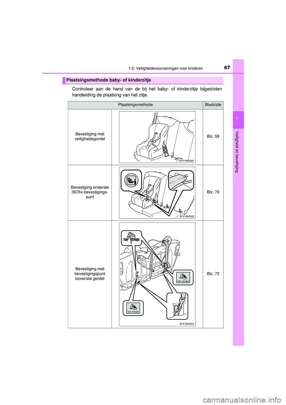 TOYOTA AYGO 2021  Instructieboekje (in Dutch) 671-2. Veiligheidsvoorzieningen voor kinderen
1
Veiligheid en beveiliging
AYGO_OM_Europe_OM9A012E
Controleer aan de hand van de bij het baby- of kinderzitje bijgesloten
handleiding de plaatsing van he