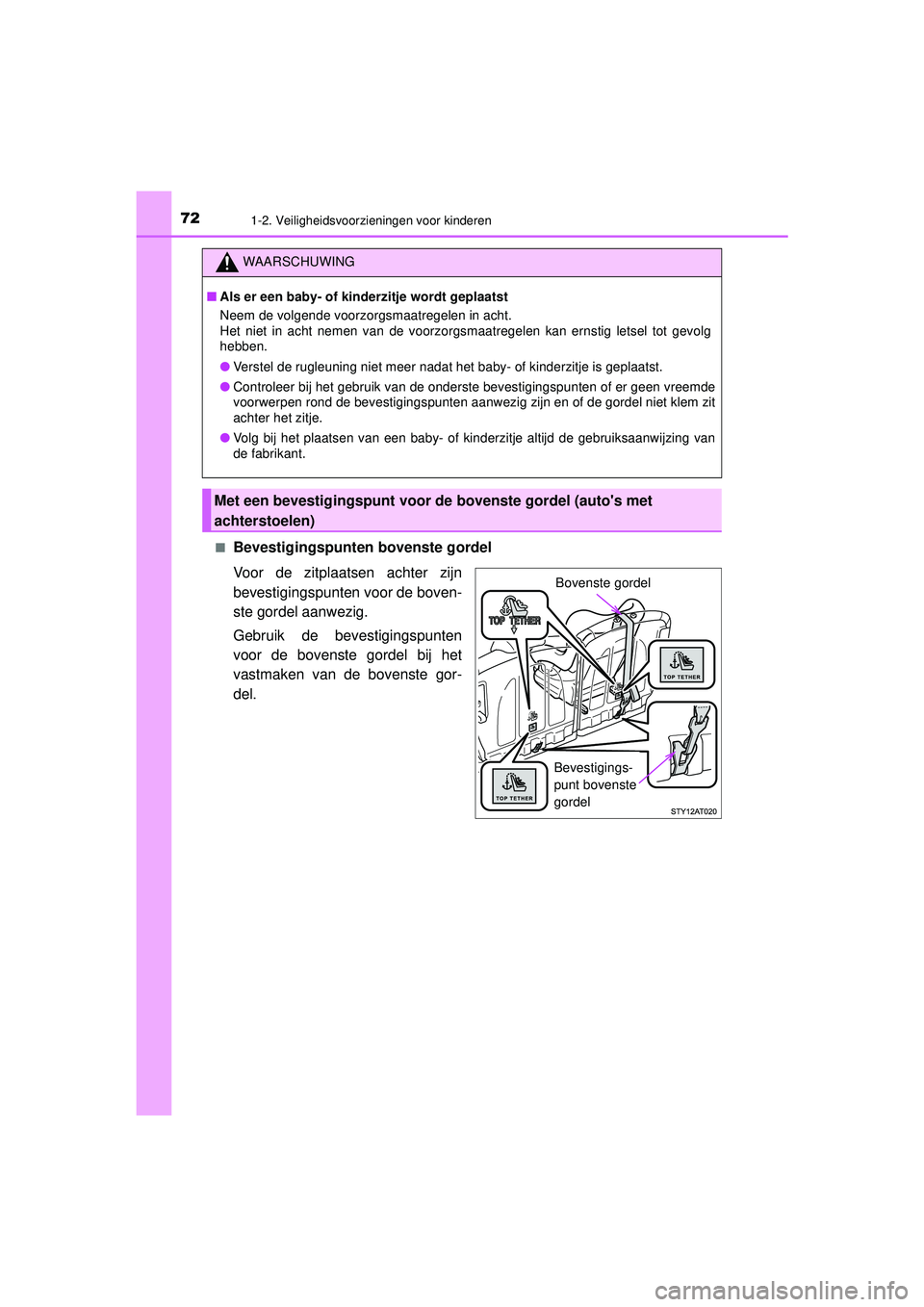 TOYOTA AYGO 2021 Instructieboekje (in Dutch) 721-2. Veiligheidsvoorzieningen voor kinderen
AYGO_OM_Europe_OM9A012E■
Bevestigingspunten
bovenste gordel
Voor de zitplaatsen achter zijn
bevestigingspunten voor de boven-
ste gordel aanwezig.
Gebr TOYOTA AYGO 2021 Instructieboekje (in Dutch) 721-2. Veiligheidsvoorzieningen voor kinderen
AYGO_OM_Europe_OM9A012E■
Bevestigingspunten
bovenste gordel
Voor de zitplaatsen achter zijn
bevestigingspunten voor de boven-
ste gordel aanwezig.
Gebr