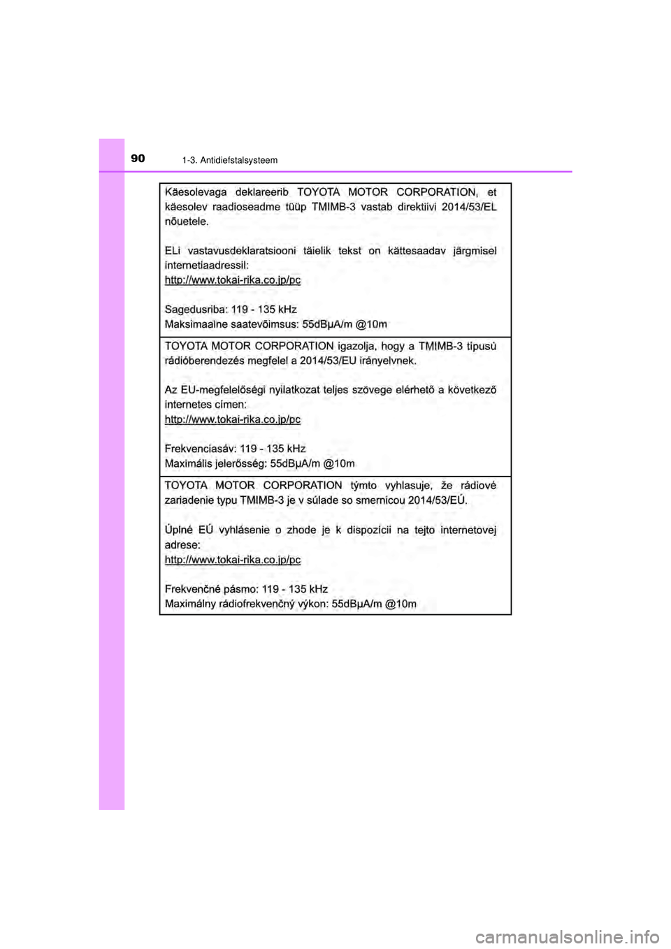 TOYOTA AYGO 2021  Instructieboekje (in Dutch) 901-3. Antidiefstalsysteem
AYGO_OM_Europe_OM9A012E
AYGO_OM_Europe_OM9A012E.book  Page 90  Wednesday, October 28, 2020  10:30 AM 