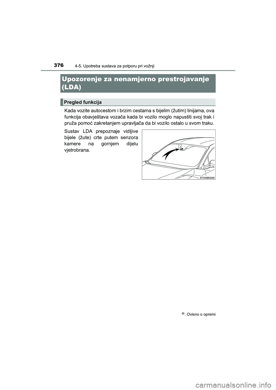 TOYOTA C-HR 2020  Upute Za Rukovanje (in Croatian) 3764-5. Upotreba sustava za potporu pri vožnji
C-HR_HV_OM_Europe_OM10647E
Upozorenje za nenamjerno prestrojavanje 
(LDA)
Kada vozite autocestom i brzim cestama s bijelim (žutim) linijama, ova
funkci