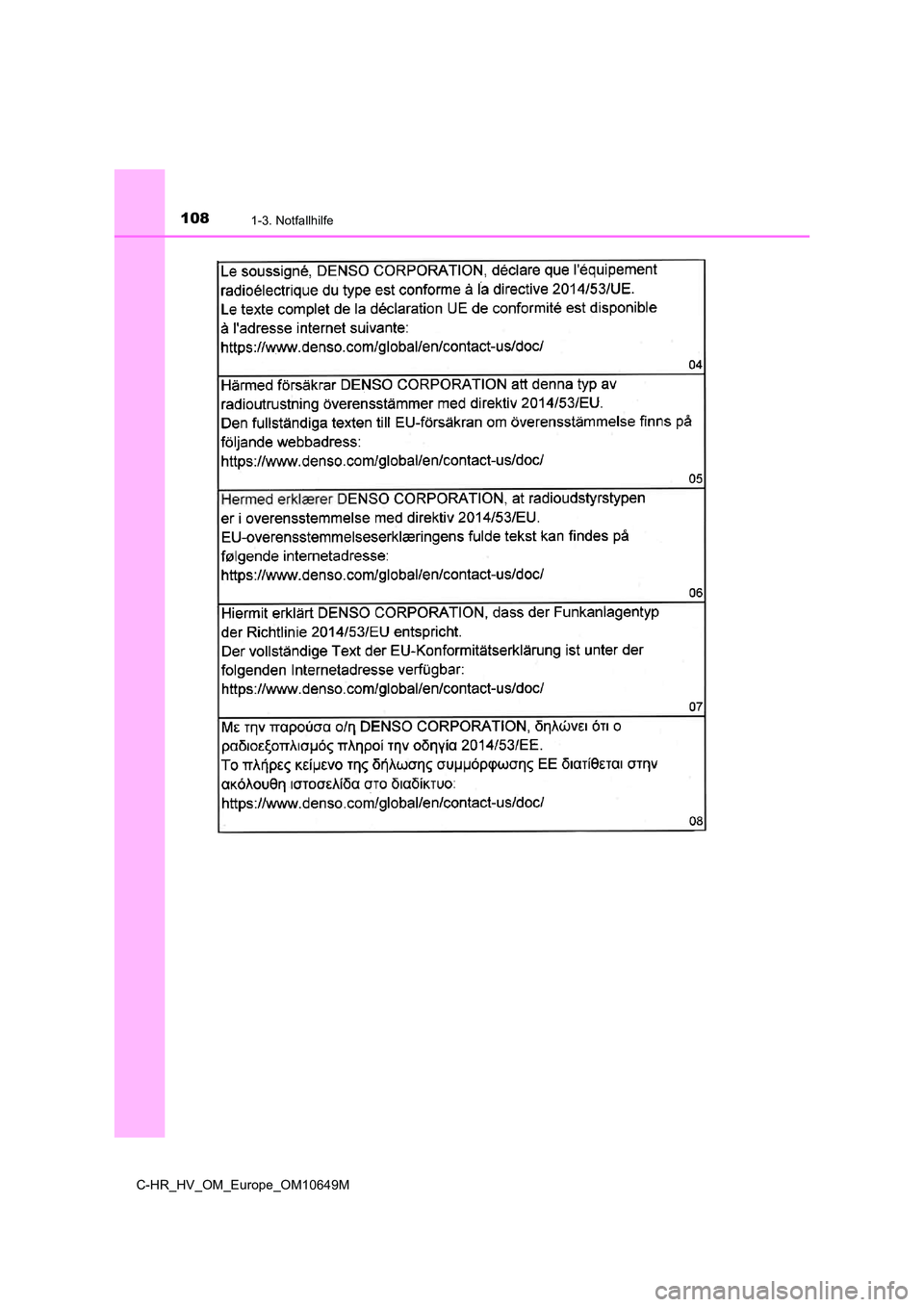 TOYOTA C-HR 2019  Betriebsanleitungen (in German) 1081-3. Notfallhilfe
C-HR_HV_OM_Europe_OM10649M 