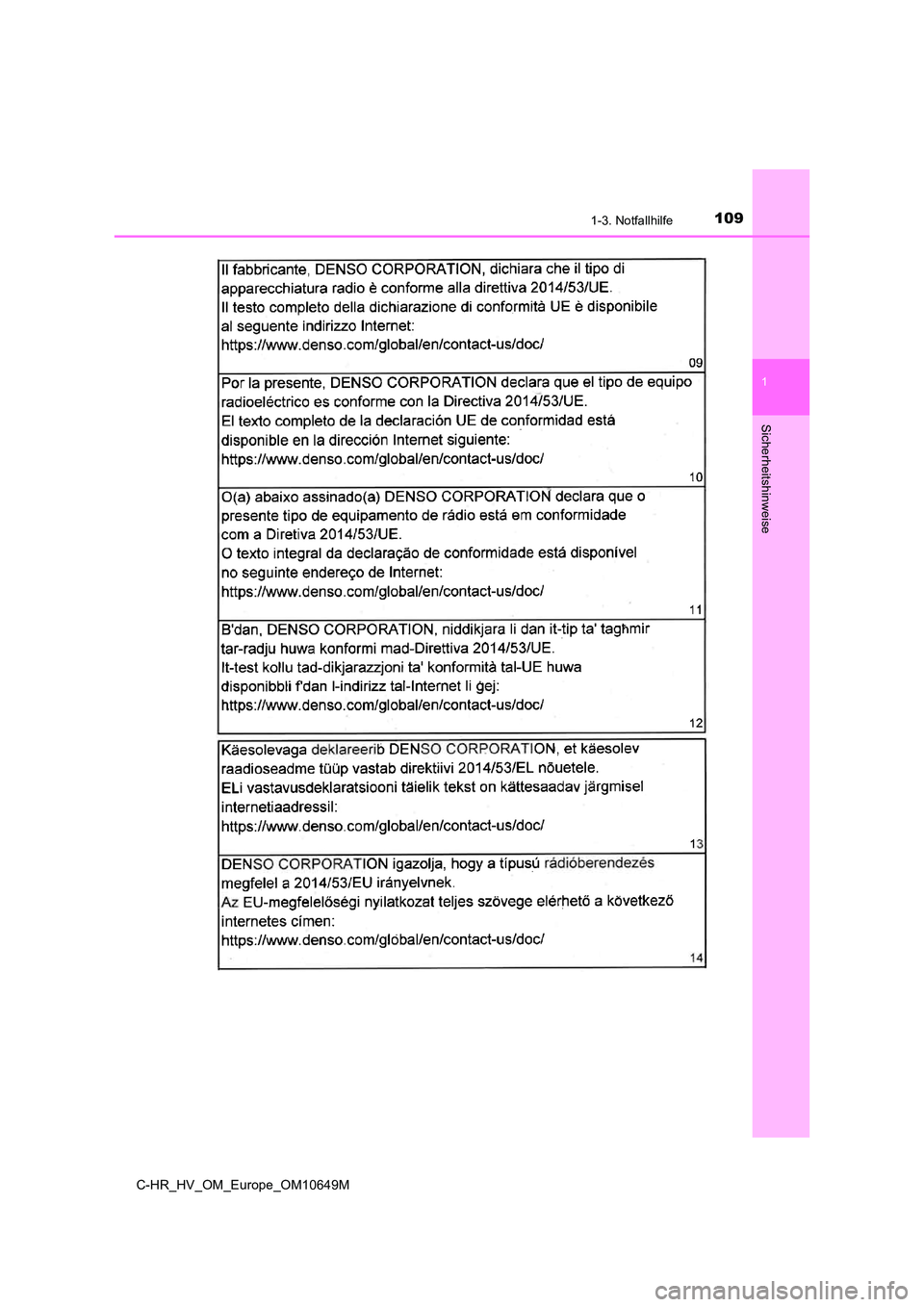 TOYOTA C-HR 2019  Betriebsanleitungen (in German) 1091-3. Notfallhilfe
1
Sicherheitshinweise
C-HR_HV_OM_Europe_OM10649M 