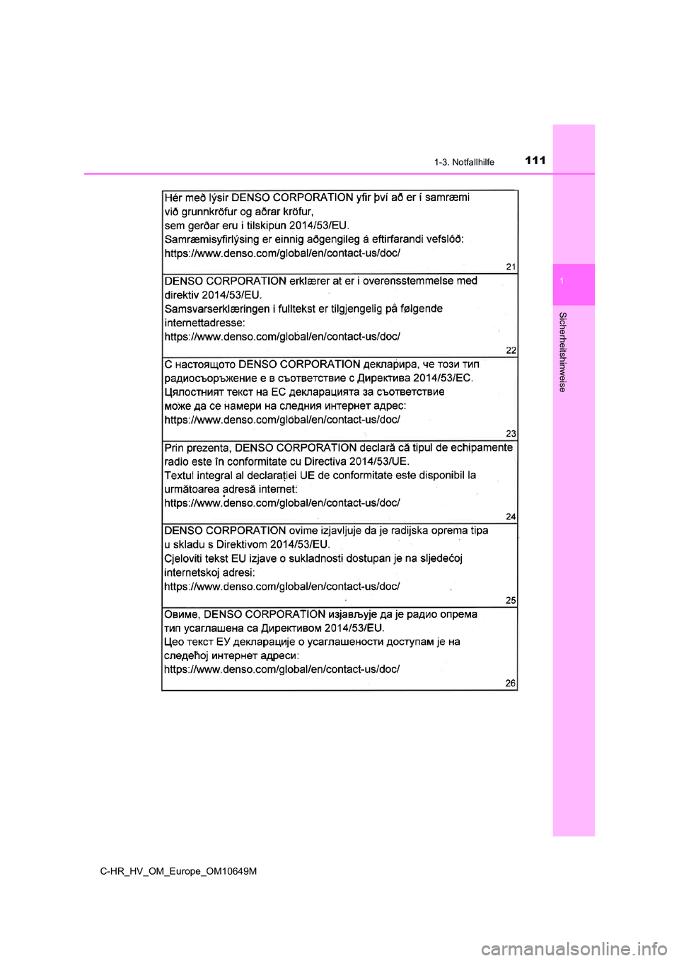 TOYOTA C-HR 2019  Betriebsanleitungen (in German) 1111-3. Notfallhilfe
1
Sicherheitshinweise
C-HR_HV_OM_Europe_OM10649M 