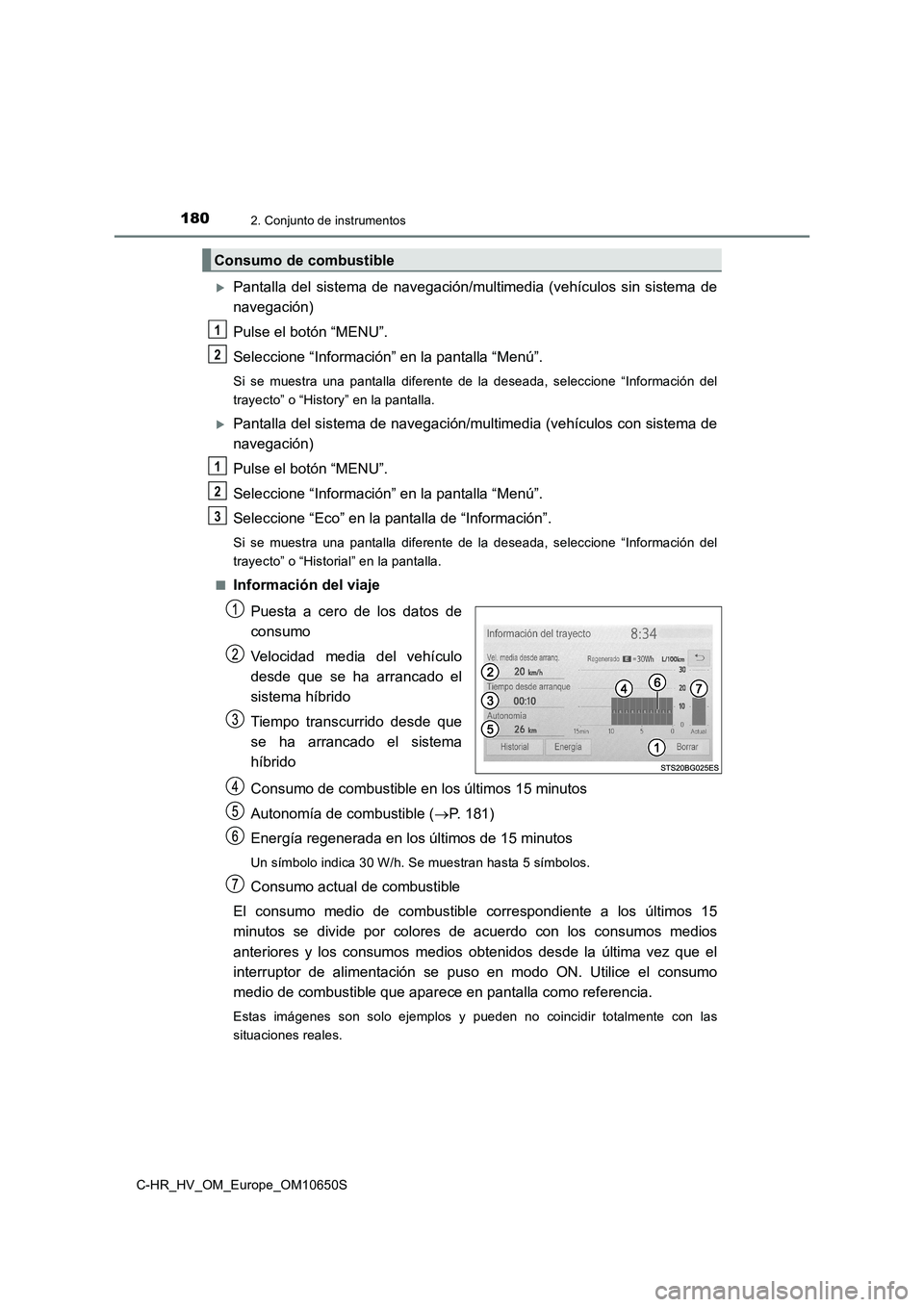 TOYOTA C-HR 2019  Manual del propietario (in Spanish) 1802. Conjunto de instrumentos
C-HR_HV_OM_Europe_OM10650S
Pantalla del sistema de navegación/multimedia (vehículos sin sistema de 
navegación) 
Pulse el botón “MENU”. 
Seleccione “Informa