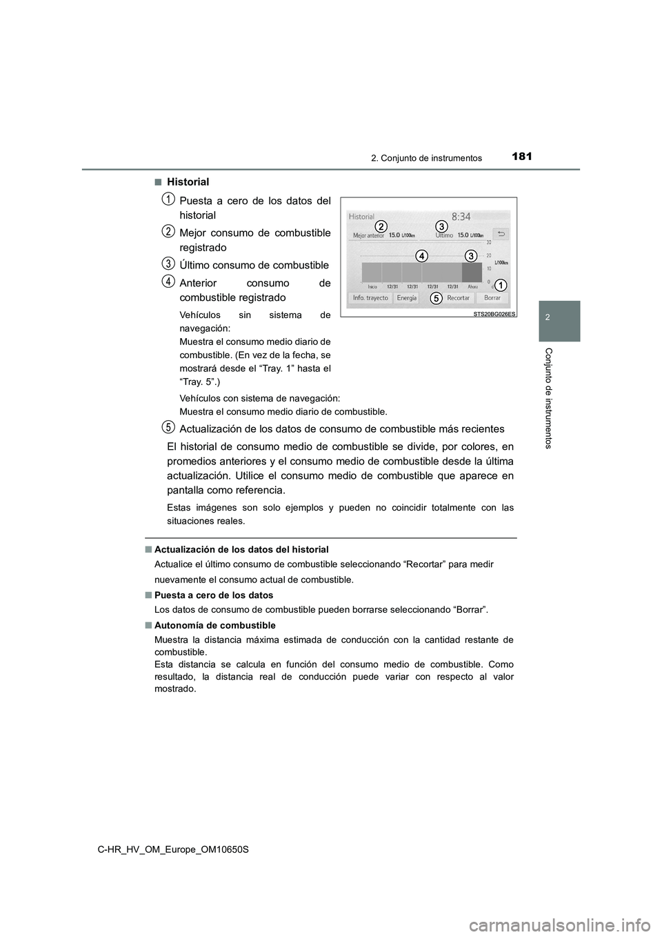 TOYOTA C-HR 2019  Manual del propietario (in Spanish) 1812. Conjunto de instrumentos
2
Conjunto de instrumentos
C-HR_HV_OM_Europe_OM10650S 
■Historial 
Puesta a cero de los datos del 
historial 
Mejor consumo de combustible 
registrado 
Último consumo
