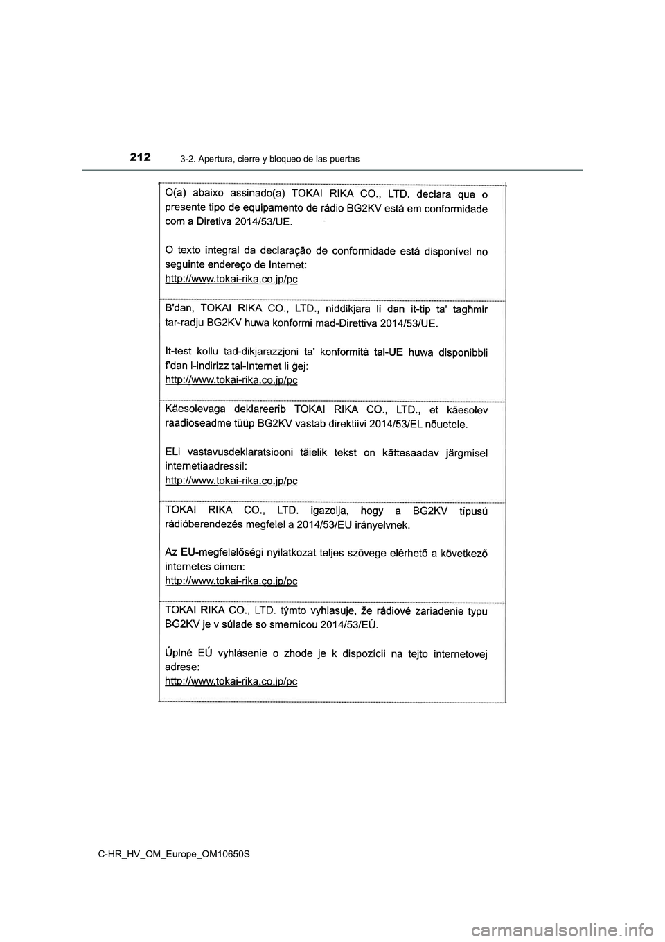TOYOTA C-HR 2019  Manual del propietario (in Spanish) 2123-2. Apertura, cierre y bloqueo de las puertas
C-HR_HV_OM_Europe_OM10650S 