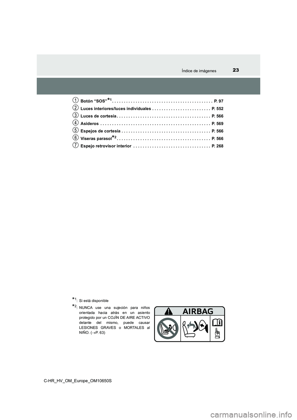 TOYOTA C-HR 2019  Manual del propietario (in Spanish) 23Índice de imágenes
C-HR_HV_OM_Europe_OM10650S 
Botón “SOS”*1. . . . . . . . . . . . . . . . . . . . . . . . . . . . . . . . . . . . . . . . . . .  P. 97 
Luces interiores/luces individuales .