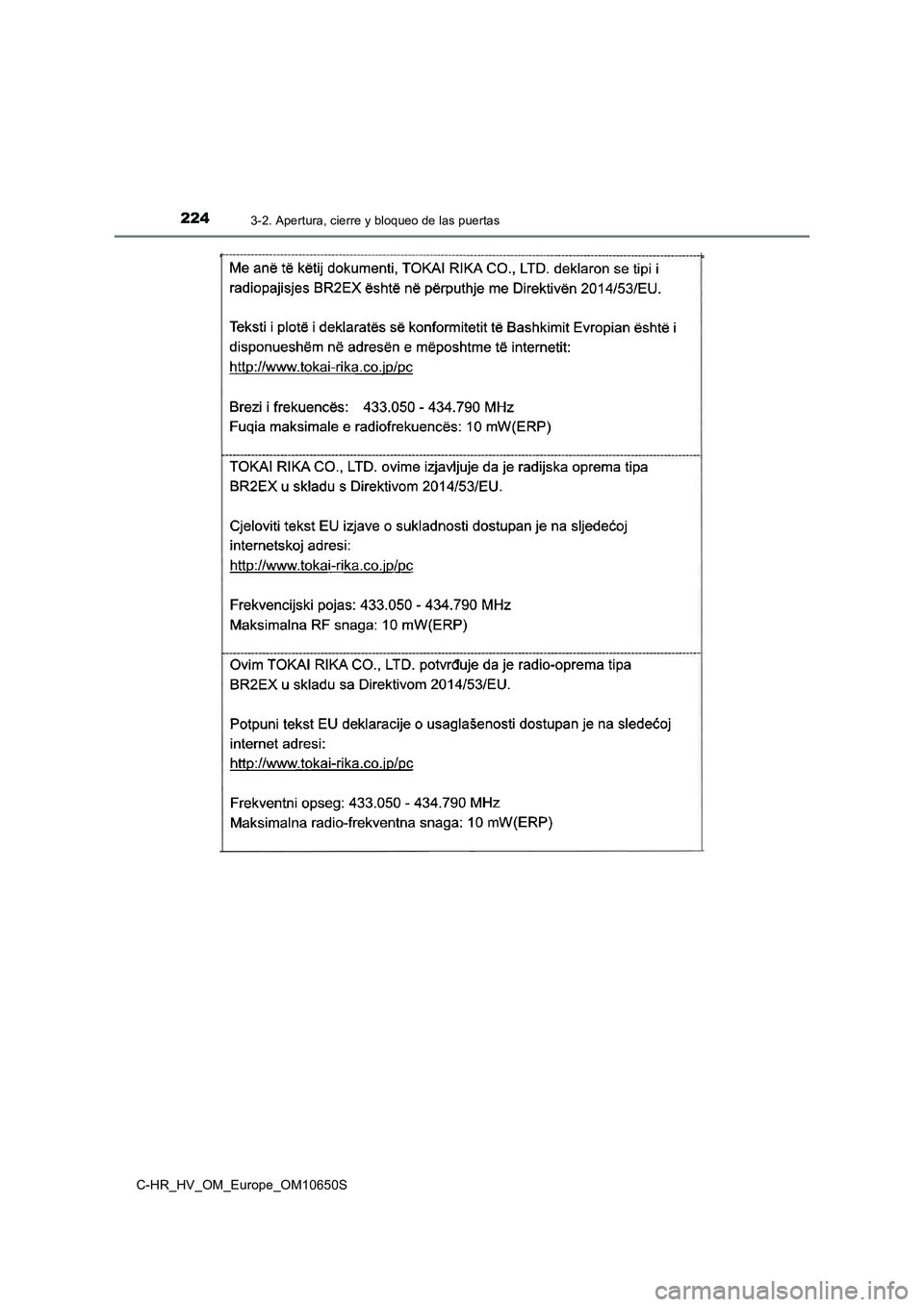 TOYOTA C-HR 2019  Manual del propietario (in Spanish) 2243-2. Apertura, cierre y bloqueo de las puertas
C-HR_HV_OM_Europe_OM10650S 
