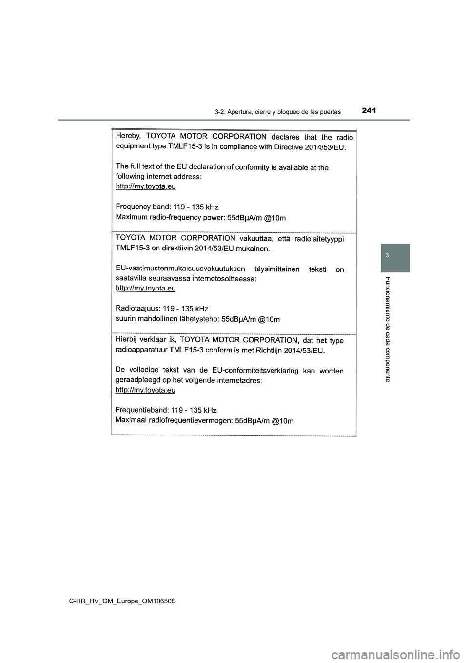 TOYOTA C-HR 2019  Manual del propietario (in Spanish) 2413-2. Apertura, cierre y bloqueo de las puertas
3
Funcionamiento de cada componente
C-HR_HV_OM_Europe_OM10650S 