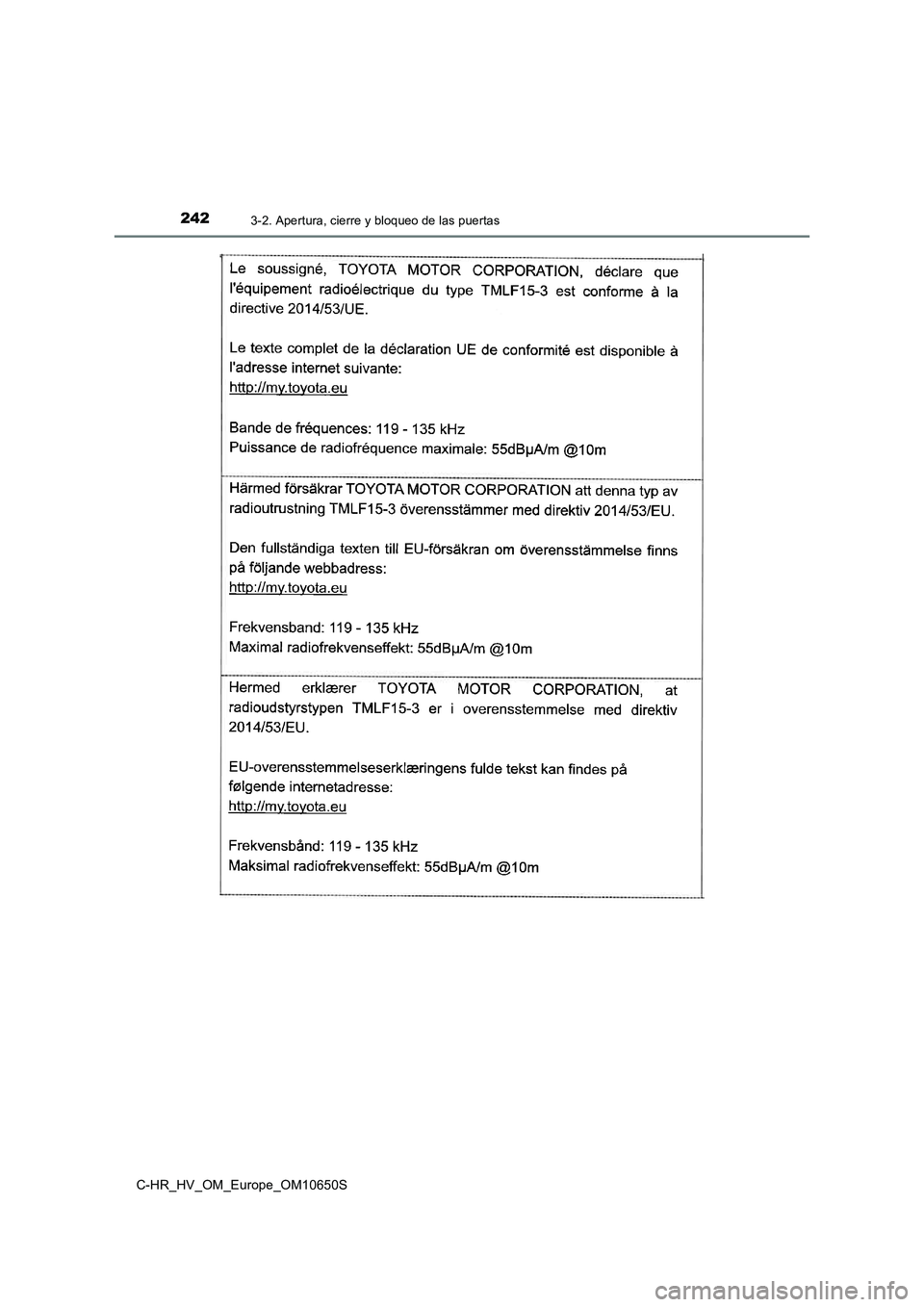 TOYOTA C-HR 2019  Manual del propietario (in Spanish) 2423-2. Apertura, cierre y bloqueo de las puertas
C-HR_HV_OM_Europe_OM10650S 