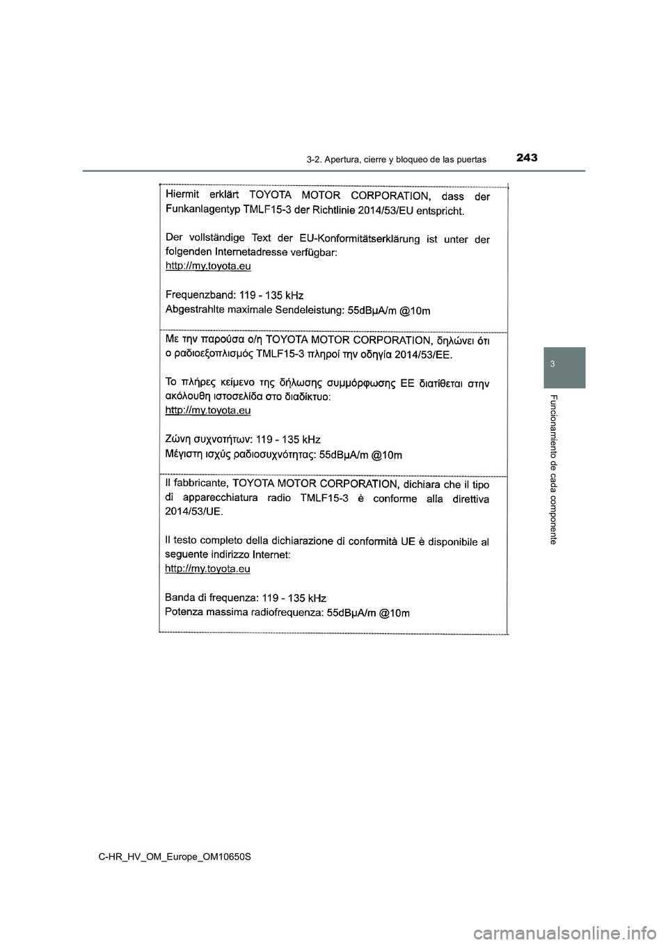 TOYOTA C-HR 2019  Manual del propietario (in Spanish) 2433-2. Apertura, cierre y bloqueo de las puertas
3
Funcionamiento de cada componente
C-HR_HV_OM_Europe_OM10650S 