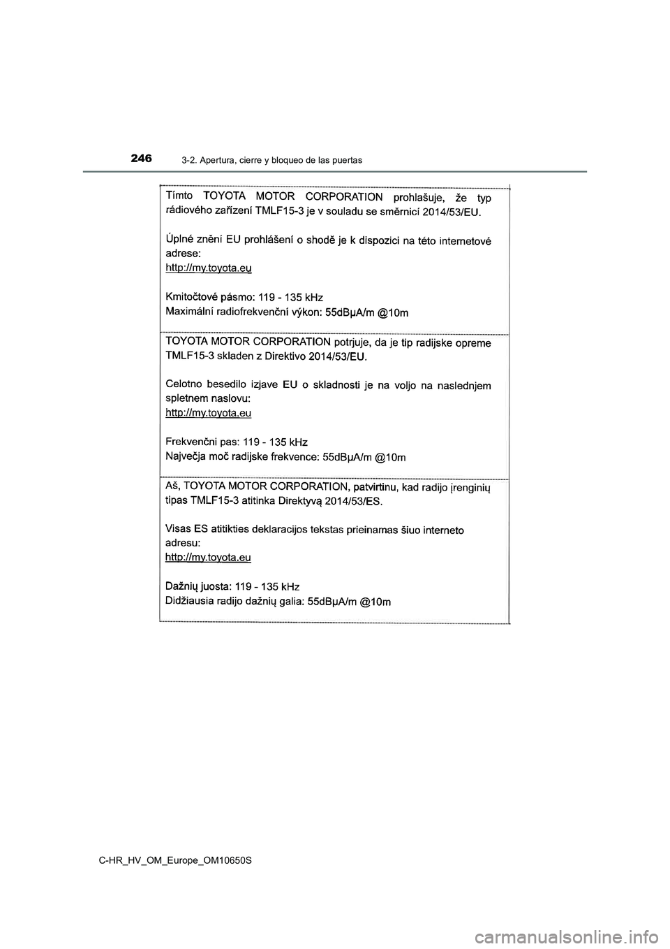 TOYOTA C-HR 2019  Manual del propietario (in Spanish) 2463-2. Apertura, cierre y bloqueo de las puertas
C-HR_HV_OM_Europe_OM10650S 