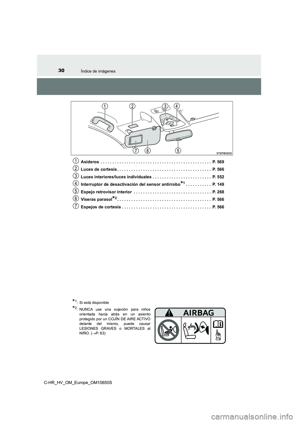 TOYOTA C-HR 2019  Manual del propietario (in Spanish) 30Índice de imágenes
C-HR_HV_OM_Europe_OM10650S 
Asideros  . . . . . . . . . . . . . . . . . . . . . . . . . . . . . . . . . . . . . . . . . . . . . . .  P. 569 
Luces de cortesía . . . . . . . . .
