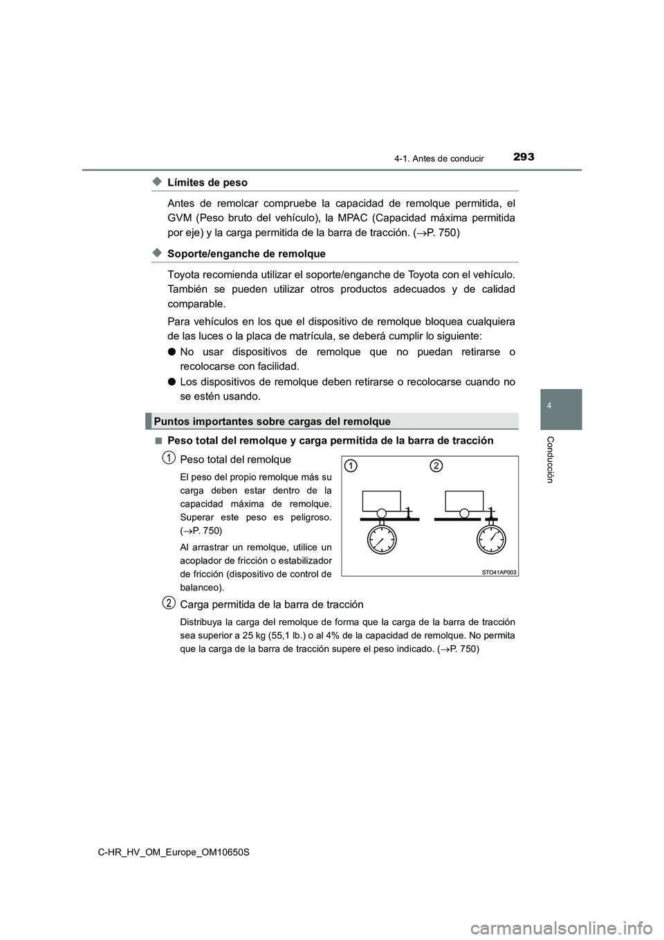 TOYOTA C-HR 2019  Manual del propietario (in Spanish) 2934-1. Antes de conducir
4
Conducción
C-HR_HV_OM_Europe_OM10650S
◆Límites de peso 
Antes de remolcar compruebe la capacidad de remolque permitida, el 
GVM (Peso bruto del vehículo), la MPAC (Cap