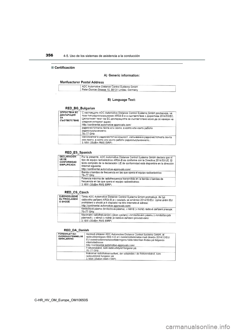 TOYOTA C-HR 2019  Manual del propietario (in Spanish) 3564-5. Uso de los sistemas de asistencia a la conducción
C-HR_HV_OM_Europe_OM10650S
■Certificación 