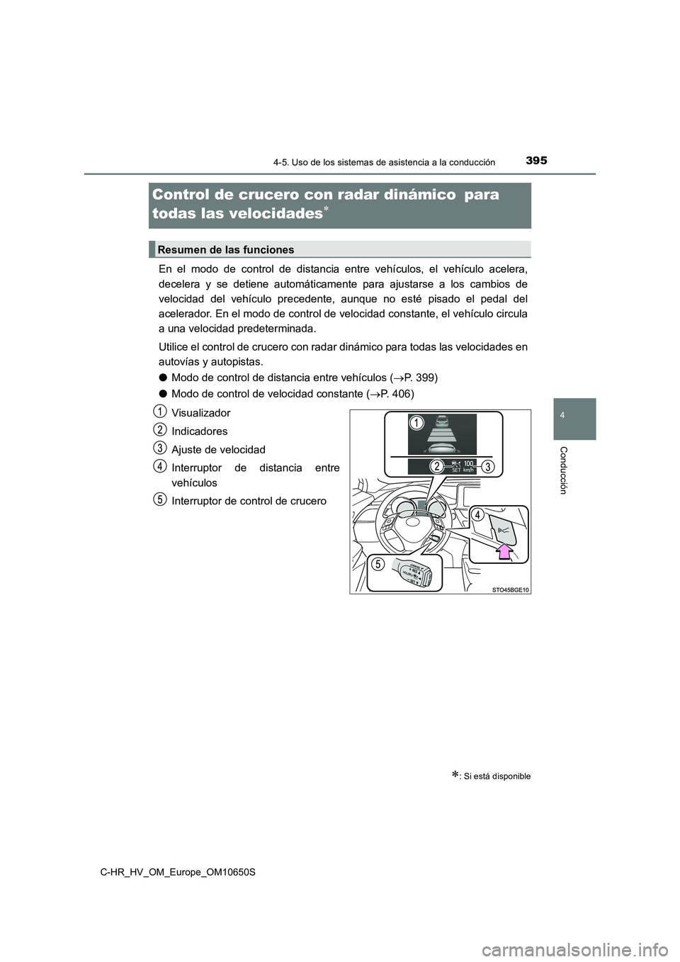 TOYOTA C-HR 2019  Manual del propietario (in Spanish) 395
4
4-5. Uso de los sistemas de asistencia a la conducción
Conducción
C-HR_HV_OM_Europe_OM10650S
Control de crucero con radar dinámico para  
todas las velocidades
En el modo de control 