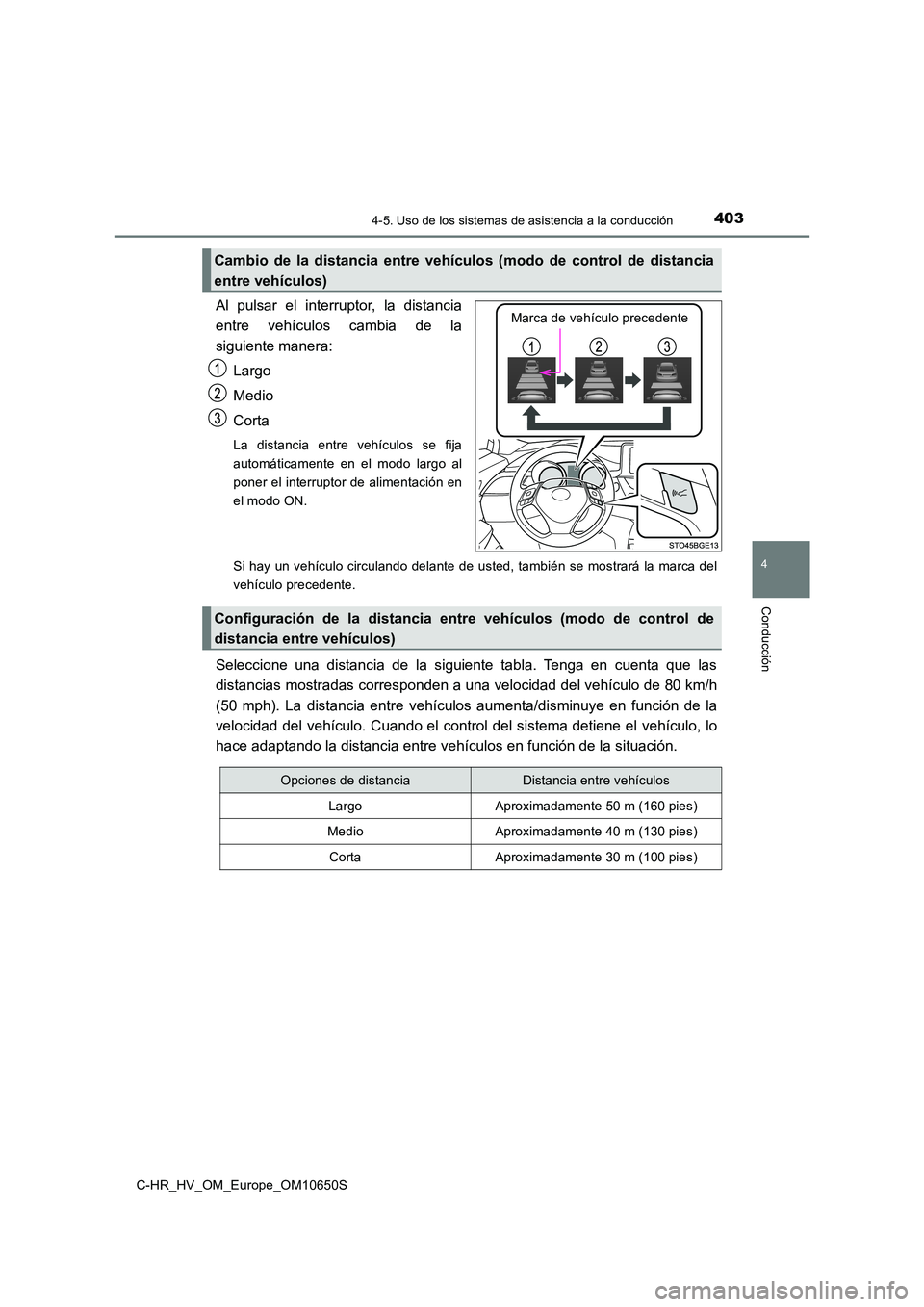 TOYOTA C-HR 2019  Manual del propietario (in Spanish) 4034-5. Uso de los sistemas de asistencia a la conducción
4
Conducción
C-HR_HV_OM_Europe_OM10650S
Al pulsar el interruptor, la distancia 
entre vehículos cambia de la 
siguiente manera: 
Largo
Medi
