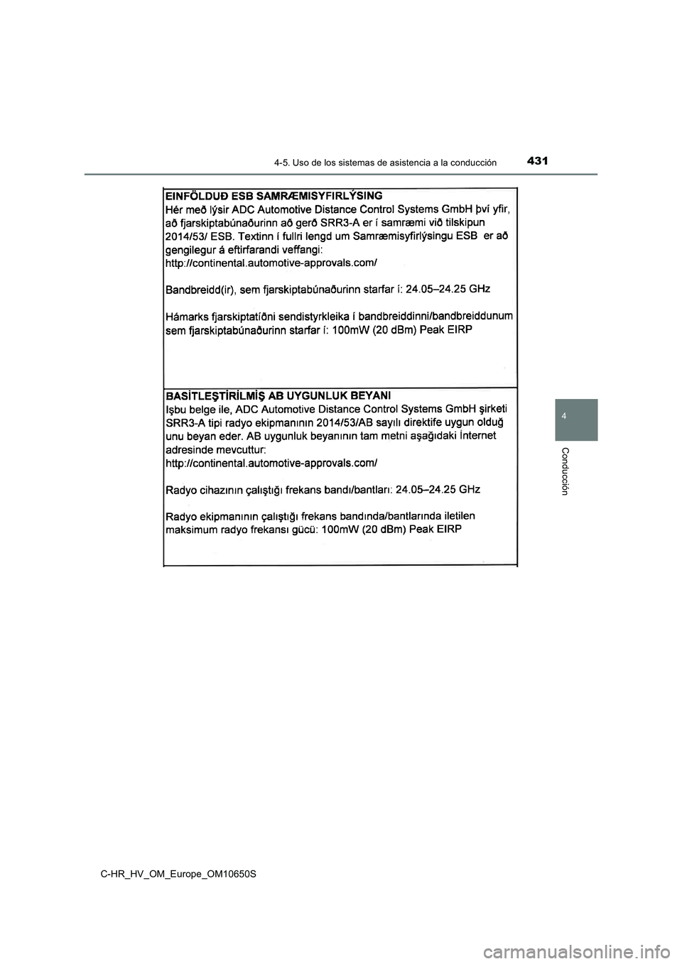 TOYOTA C-HR 2019  Manual del propietario (in Spanish) 4314-5. Uso de los sistemas de asistencia a la conducción
4
Conducción
C-HR_HV_OM_Europe_OM10650S 