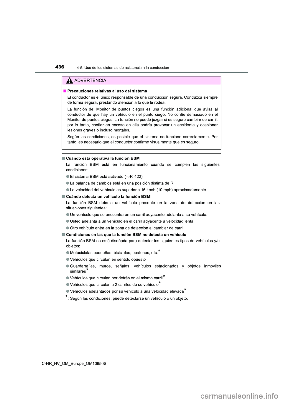 TOYOTA C-HR 2019  Manual del propietario (in Spanish) 4364-5. Uso de los sistemas de asistencia a la conducción
C-HR_HV_OM_Europe_OM10650S
■Cuándo está operativa la función BSM 
La función BSM está en funcionamiento cuando se cumplen las siguient