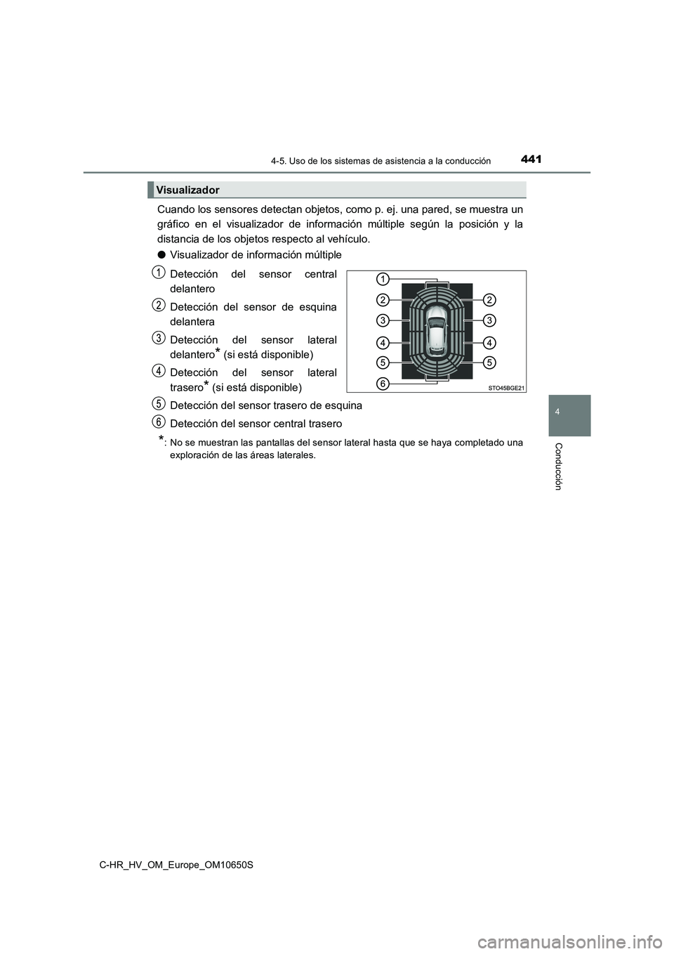 TOYOTA C-HR 2019  Manual del propietario (in Spanish) 4414-5. Uso de los sistemas de asistencia a la conducción
4
Conducción
C-HR_HV_OM_Europe_OM10650S
Cuando los sensores detectan objetos, como p. ej. una pared, se muestra un 
gráfico en el visualiza