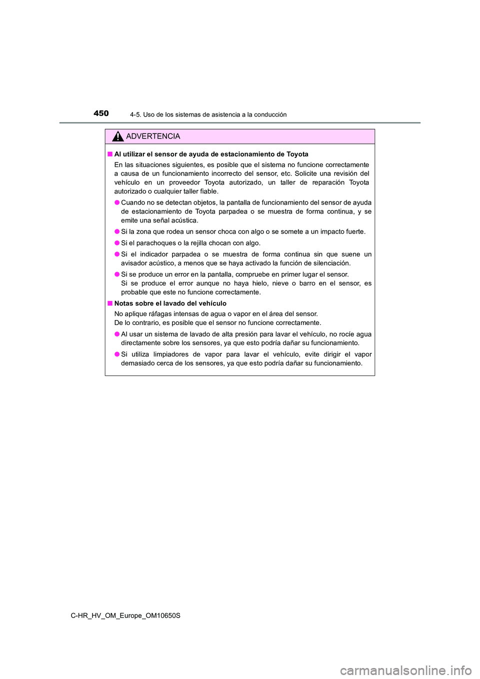 TOYOTA C-HR 2019  Manual del propietario (in Spanish) 4504-5. Uso de los sistemas de asistencia a la conducción
C-HR_HV_OM_Europe_OM10650S
ADVERTENCIA
■Al utilizar el sensor de ayuda de estacionamiento de Toyota 
En las situaciones siguientes, es posi