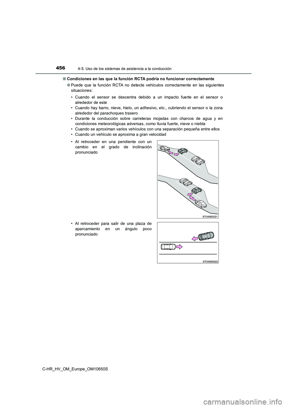TOYOTA C-HR 2019  Manual del propietario (in Spanish) 4564-5. Uso de los sistemas de asistencia a la conducción
C-HR_HV_OM_Europe_OM10650S 
■ Condiciones en las que la función RCTA podría no funcionar correctamente 
● Puede que la función RCTA no