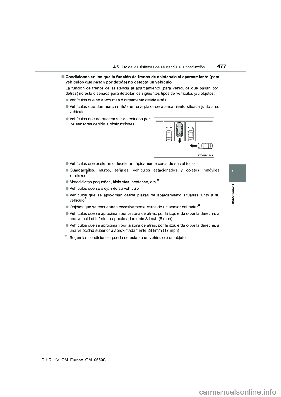 TOYOTA C-HR 2019  Manual del propietario (in Spanish) 4774-5. Uso de los sistemas de asistencia a la conducción
4
Conducción
C-HR_HV_OM_Europe_OM10650S 
■ Condiciones en las que la función de frenos de asistencia al aparcamiento (para 
vehículos qu