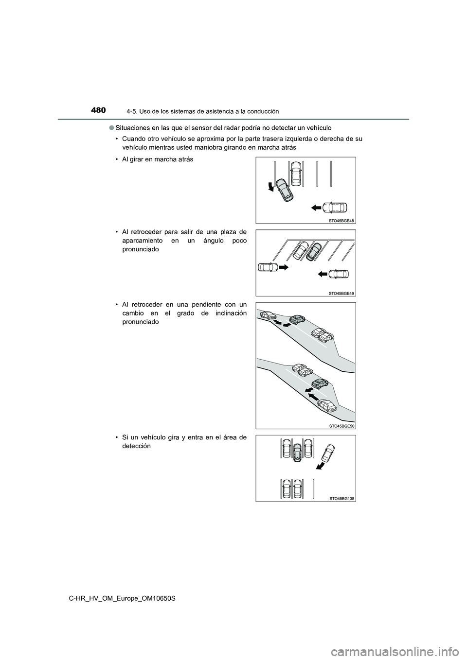 TOYOTA C-HR 2019  Manual del propietario (in Spanish) 4804-5. Uso de los sistemas de asistencia a la conducción
C-HR_HV_OM_Europe_OM10650S 
● Situaciones en las que el sensor del radar podría no detectar un vehículo 
• Cuando otro vehículo se apr