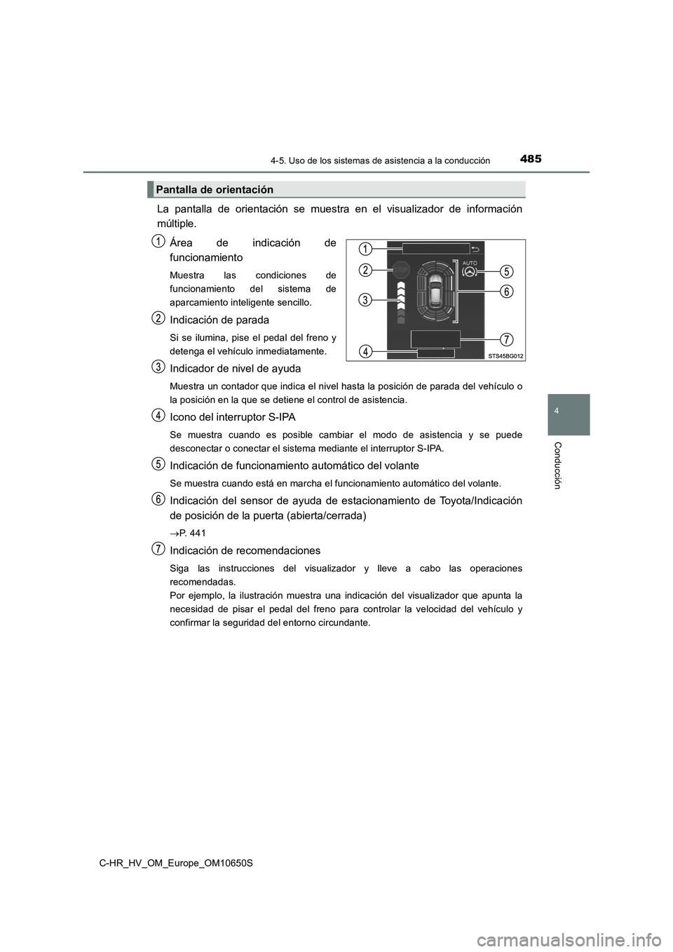 TOYOTA C-HR 2019  Manual del propietario (in Spanish) 4854-5. Uso de los sistemas de asistencia a la conducción
4
Conducción
C-HR_HV_OM_Europe_OM10650S
La pantalla de orientación se muestra en el visualizador de información 
múltiple. 
Área de indi
