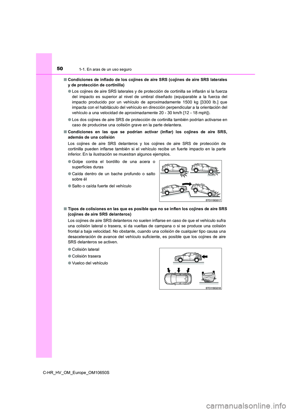 TOYOTA C-HR 2019  Manual del propietario (in Spanish) 501-1. En aras de un uso seguro
C-HR_HV_OM_Europe_OM10650S 
■ Condiciones de inflado de los cojines de aire SRS (cojines de aire SRS laterales 
y de protección de cortinilla) 
● Los cojines de ai