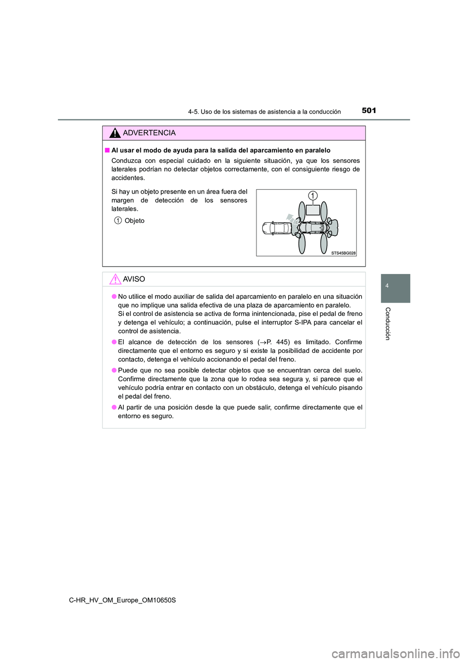 TOYOTA C-HR 2019  Manual del propietario (in Spanish) 5014-5. Uso de los sistemas de asistencia a la conducción
4
Conducción
C-HR_HV_OM_Europe_OM10650S
ADVERTENCIA
■Al usar el modo de ayuda para la salida del aparcamiento en paralelo 
Conduzca con es