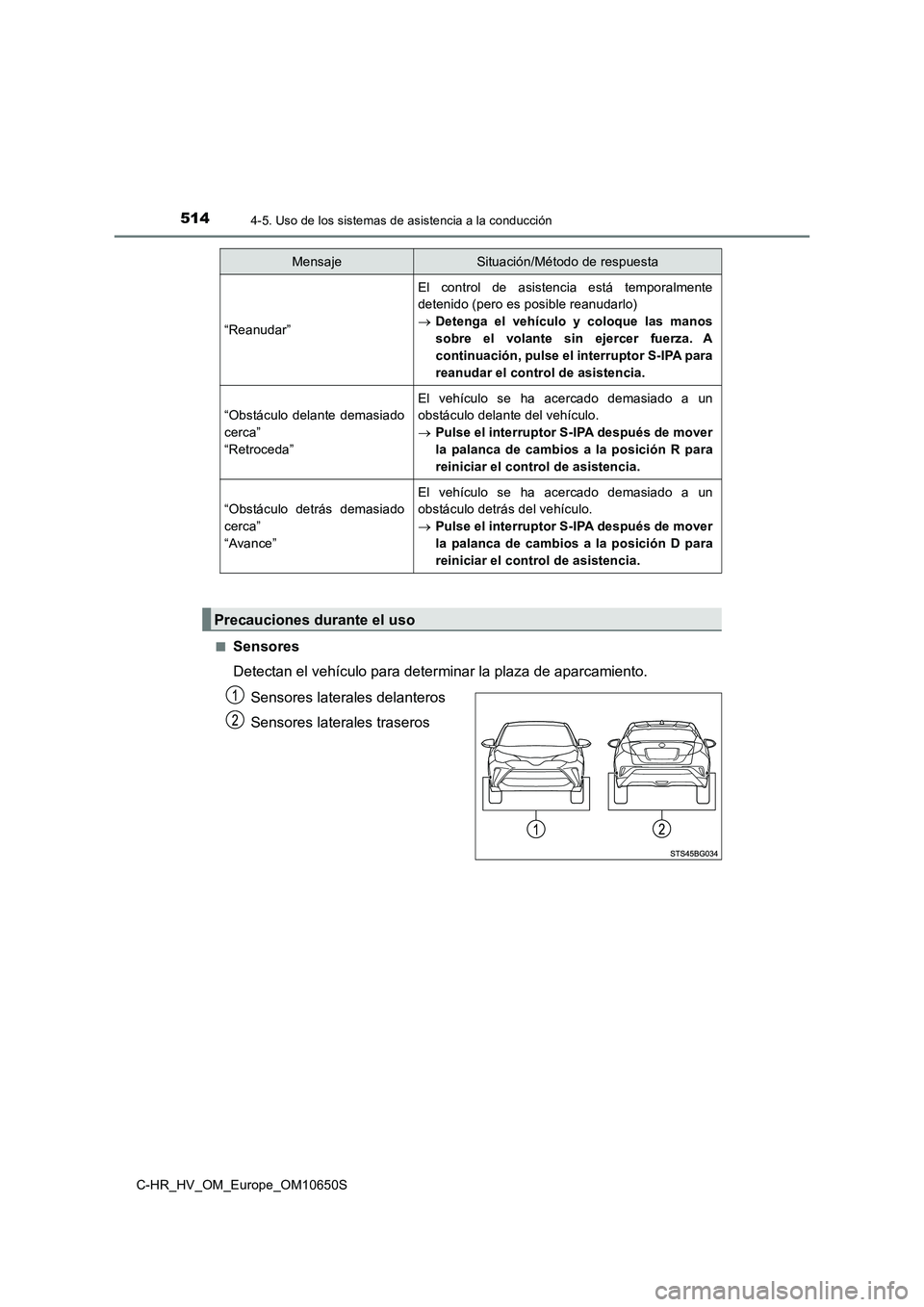 TOYOTA C-HR 2019  Manual del propietario (in Spanish) 5144-5. Uso de los sistemas de asistencia a la conducción
C-HR_HV_OM_Europe_OM10650S 
■Sensores 
Detectan el vehículo para determinar la plaza de aparcamiento. 
Sensores laterales delanteros 
Sens