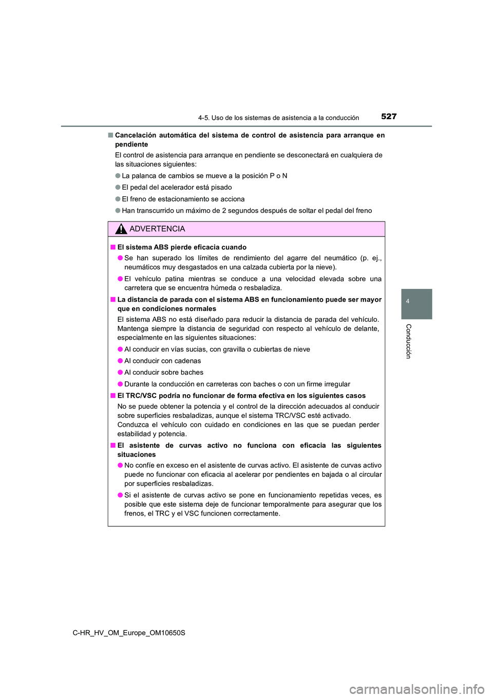 TOYOTA C-HR 2019  Manual del propietario (in Spanish) 5274-5. Uso de los sistemas de asistencia a la conducción
4
Conducción
C-HR_HV_OM_Europe_OM10650S 
■ Cancelación automática del sistema de control de asistencia para arranque en 
pendiente 
El c