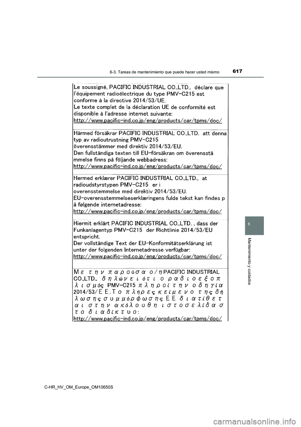 TOYOTA C-HR 2019  Manual del propietario (in Spanish) 6176-3. Tareas de mantenimiento que puede hacer usted mismo
C-HR_HV_OM_Europe_OM10650S
6
Mantenimiento y cuidados 