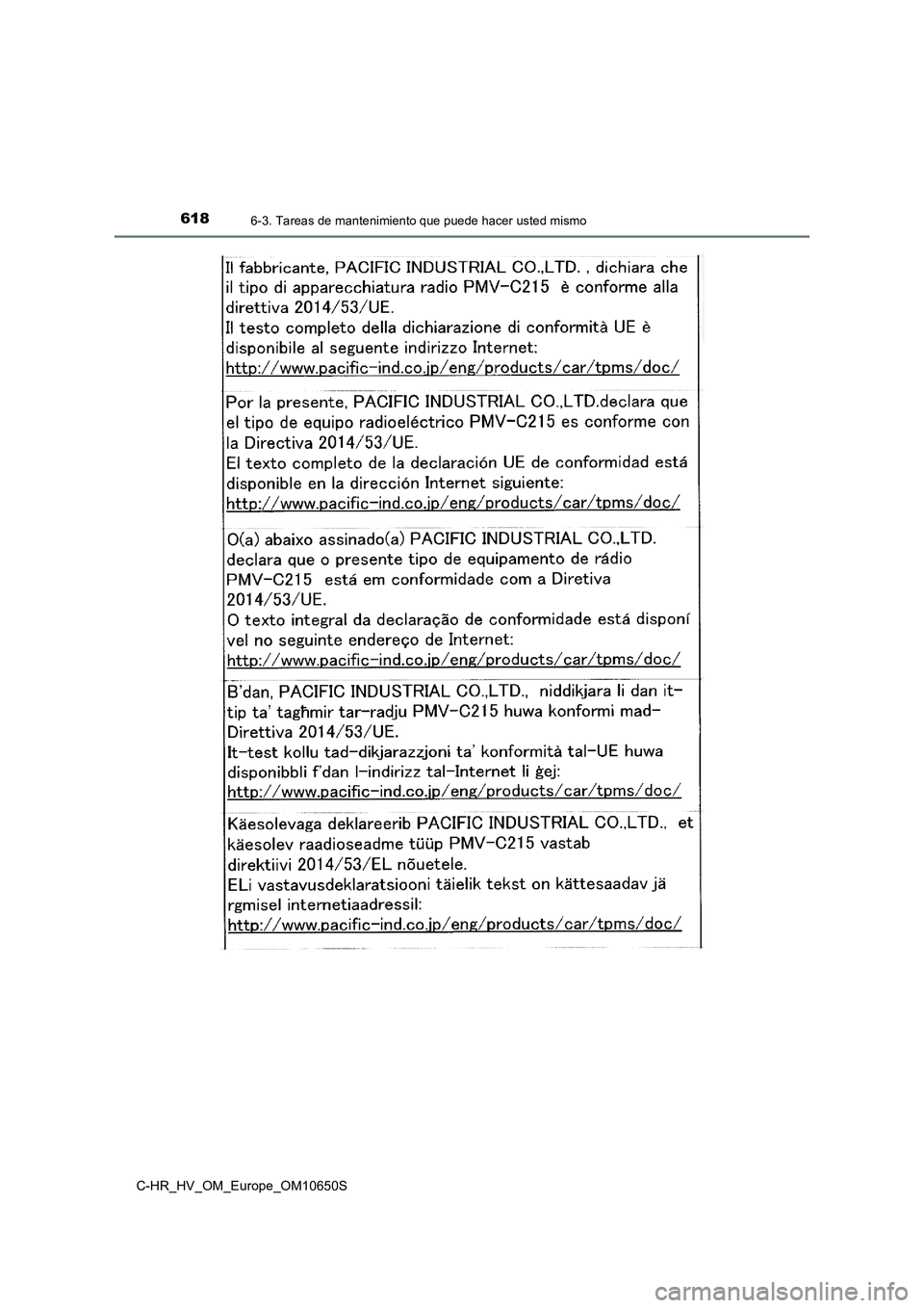 TOYOTA C-HR 2019  Manual del propietario (in Spanish) 6186-3. Tareas de mantenimiento que puede hacer usted mismo
C-HR_HV_OM_Europe_OM10650S 