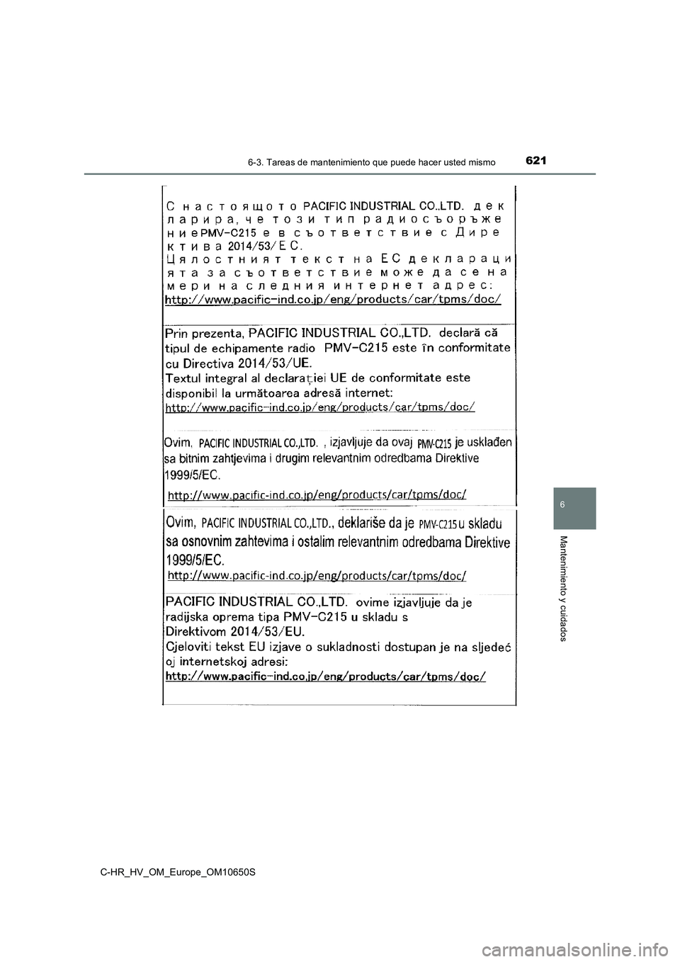 TOYOTA C-HR 2019  Manual del propietario (in Spanish) 6216-3. Tareas de mantenimiento que puede hacer usted mismo
C-HR_HV_OM_Europe_OM10650S
6
Mantenimiento y cuidados 