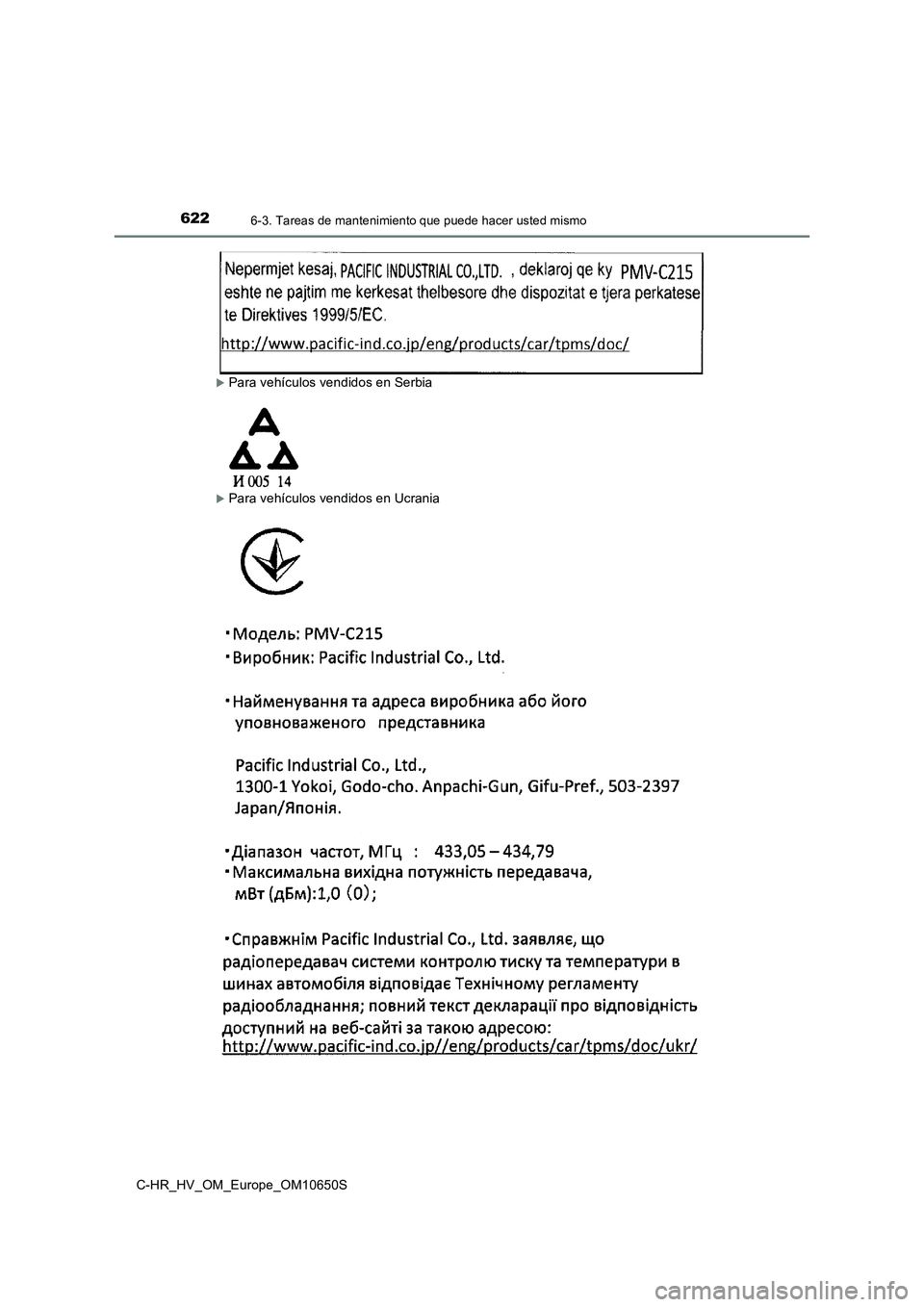 TOYOTA C-HR 2019  Manual del propietario (in Spanish) 6226-3. Tareas de mantenimiento que puede hacer usted mismo
C-HR_HV_OM_Europe_OM10650S
Para vehículos vendidos en Serbia
Para vehículos vendidos en Ucrania 