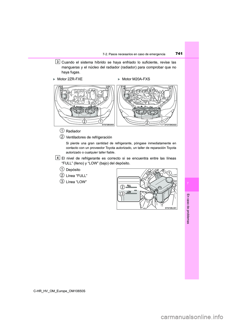 TOYOTA C-HR 2019  Manual del propietario (in Spanish) 7417-2. Pasos necesarios en caso de emergencia
C-HR_HV_OM_Europe_OM10650S
7
En caso de problemas
Cuando el sistema híbrido se haya enfriado lo suficiente, revise las 
mangueras y el núcleo del radia