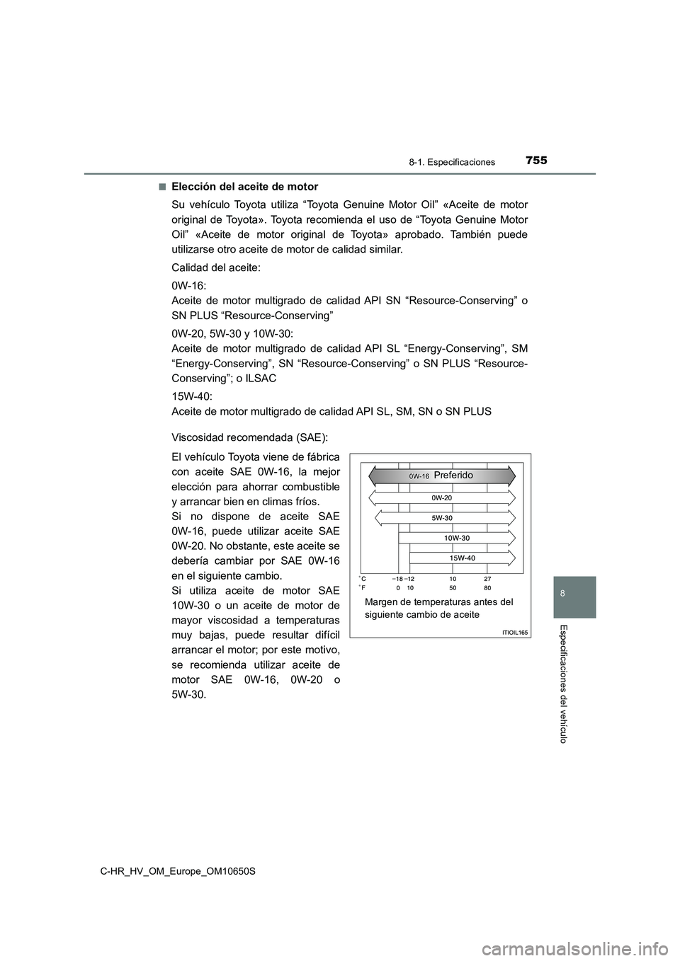 TOYOTA C-HR 2019  Manual del propietario (in Spanish) 7558-1. Especificaciones
C-HR_HV_OM_Europe_OM10650S
8
Especificaciones del vehículo
■Elección del aceite de motor 
Su vehículo Toyota utiliza “Toyota Genuine Motor Oil” «Aceite de motor 
ori