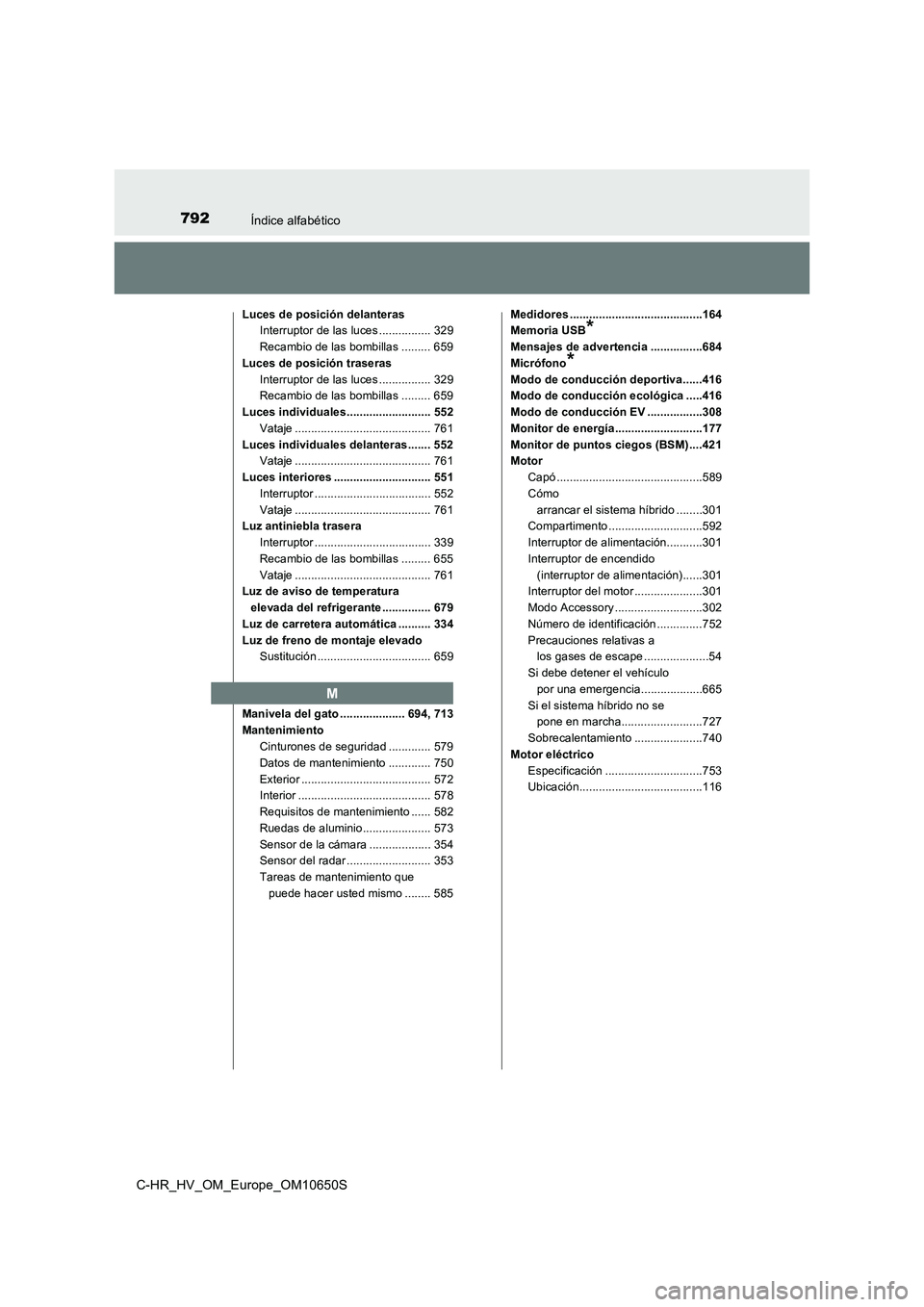 TOYOTA C-HR 2019 Manual del propietario (in Spanish) 792Índice alfabético
C-HR_HV_OM_Europe_OM10650S
Luces de posición delanteras
Interruptor de las luces ................ 329
Recambio de las bombillas ......... 659
Luces de posición traseras
In TOYOTA C-HR 2019 Manual del propietario (in Spanish) 792Índice alfabético
C-HR_HV_OM_Europe_OM10650S
Luces de posición delanteras
Interruptor de las luces ................ 329
Recambio de las bombillas ......... 659
Luces de posición traseras
In