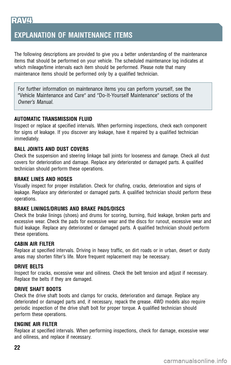 TOYOTA RAV4 2009 XA30 / 3.G Scheduled Maintenance Guide 