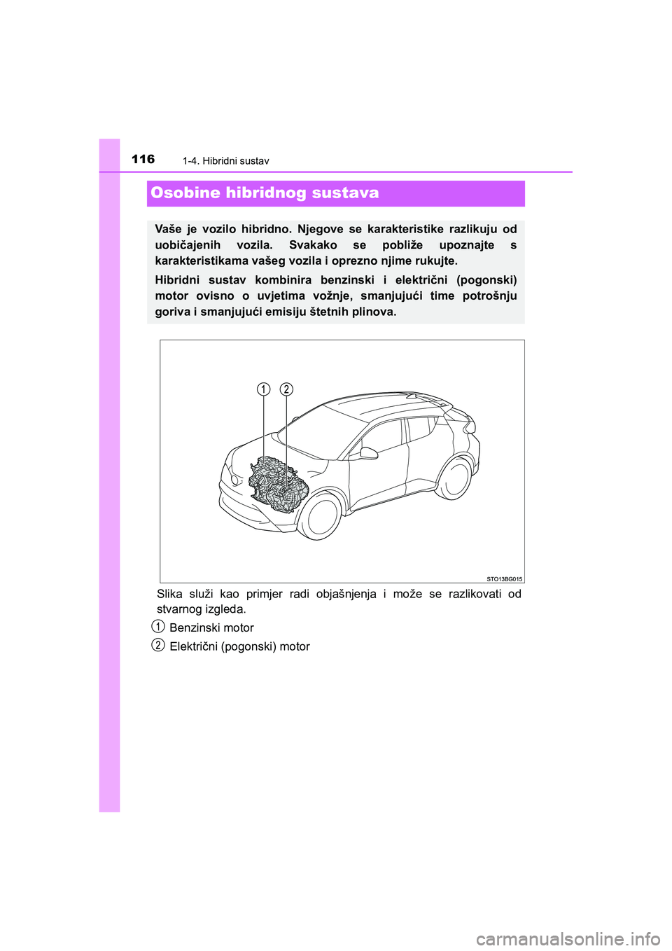 TOYOTA C-HR 2019  Upute Za Rukovanje (in Croatian) 1161-4. Hibridni sustav
C-HR_HV_OM_Europe_OM10647E
Osobine hibridnog sustava
Slika služi kao primjer radi objašnjenja i može se razlikovati od
stvarnog izgleda.
Benzinski motor
Električni (pogonsk