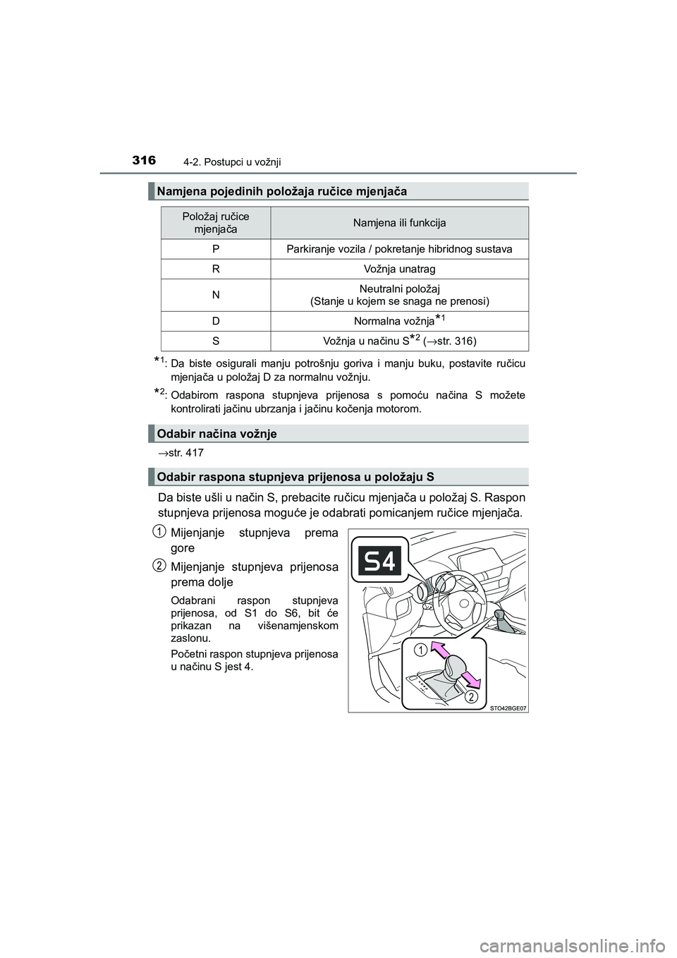 TOYOTA C-HR 2019 Upute Za Rukovanje (in Croatian) 3164-2. Postupci u vožnji
C-HR_HV_OM_Europe_OM10647E
*1: Da biste osigurali manju potrošnju goriva i manju buku, postavite ručicu
mjenjača u položaj D za normalnu vožnju.
*2: Odabirom raspona st TOYOTA C-HR 2019 Upute Za Rukovanje (in Croatian) 3164-2. Postupci u vožnji
C-HR_HV_OM_Europe_OM10647E
*1: Da biste osigurali manju potrošnju goriva i manju buku, postavite ručicu
mjenjača u položaj D za normalnu vožnju.
*2: Odabirom raspona st