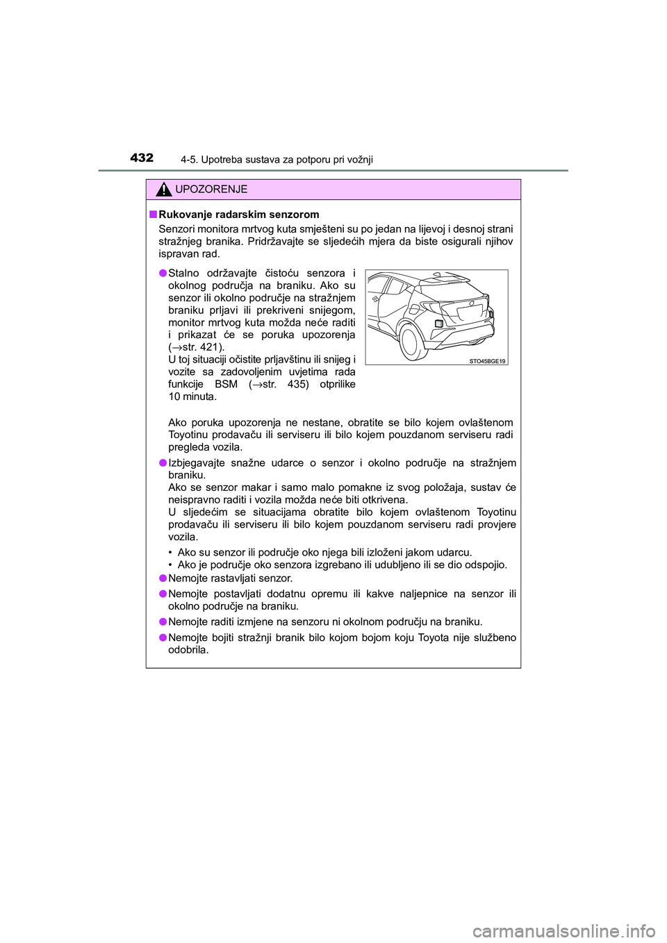 TOYOTA C-HR 2019 Upute Za Rukovanje (in Croatian) 4324-5. Upotreba sustava za potporu pri vožnji
C-HR_HV_OM_Europe_OM10647E
UPOZORENJE
■Rukovanje radarskim senzorom
Senzori monitora mrtvog kuta smješteni su po jedan na lijevoj i desnoj strani
str TOYOTA C-HR 2019 Upute Za Rukovanje (in Croatian) 4324-5. Upotreba sustava za potporu pri vožnji
C-HR_HV_OM_Europe_OM10647E
UPOZORENJE
■Rukovanje radarskim senzorom
Senzori monitora mrtvog kuta smješteni su po jedan na lijevoj i desnoj strani
str