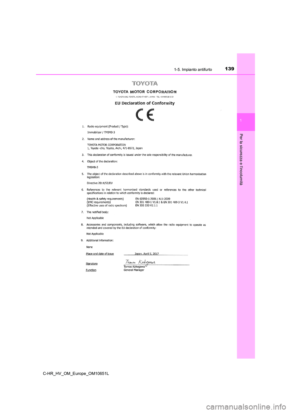 TOYOTA C-HR 2019  Manuale duso (in Italian) 1391-5. Impianto antifurto
1
Per la sicurezza e l’incolumità
C-HR_HV_OM_Europe_OM10651L 