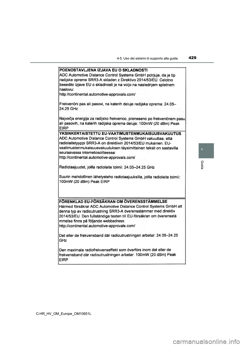 TOYOTA C-HR 2019  Manuale duso (in Italian) 4294-5. Uso dei sistemi di supporto alla guida
4
Guida
C-HR_HV_OM_Europe_OM10651L 