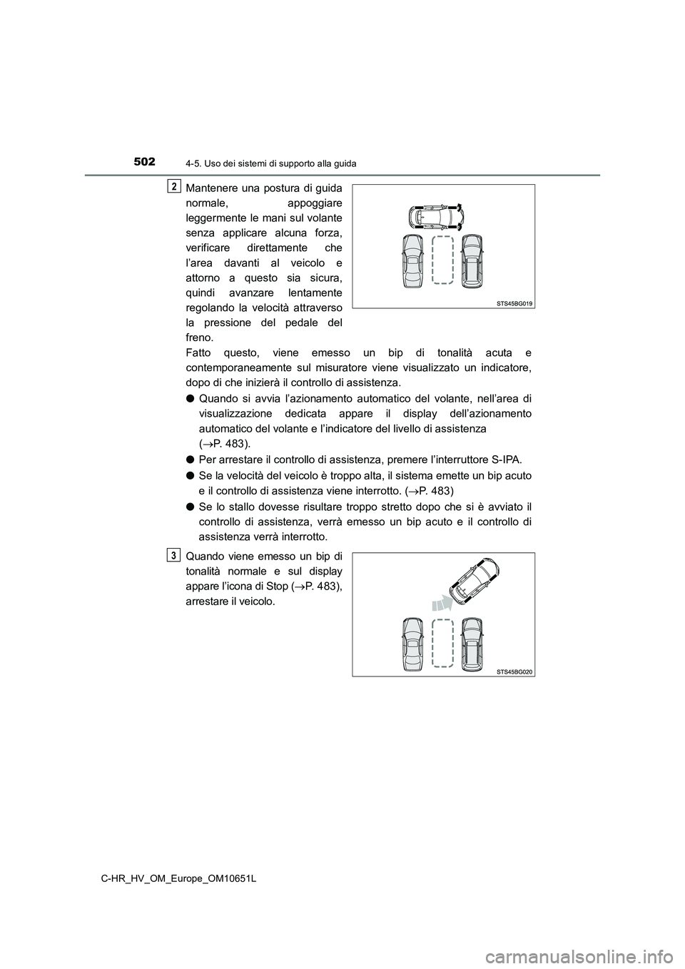 TOYOTA C-HR 2019 Manuale duso (in Italian) 5024-5. Uso dei sistemi di supporto alla guida
C-HR_HV_OM_Europe_OM10651L
Mantenere una postura di guida
normale, appoggiare
leggermente le mani sul volante
senza applicare alcuna forza,
verificare TOYOTA C-HR 2019 Manuale duso (in Italian) 5024-5. Uso dei sistemi di supporto alla guida
C-HR_HV_OM_Europe_OM10651L
Mantenere una postura di guida
normale, appoggiare
leggermente le mani sul volante
senza applicare alcuna forza,
verificare